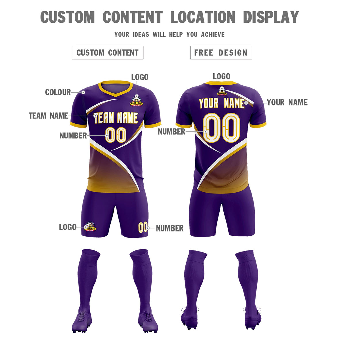 Custom Purple Gold Color Block Training Uniform For Men Soccer Sets Jersey