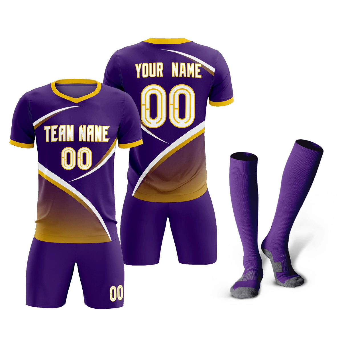 Custom Purple Gold Color Block Training Uniform For Men Soccer Sets Jersey