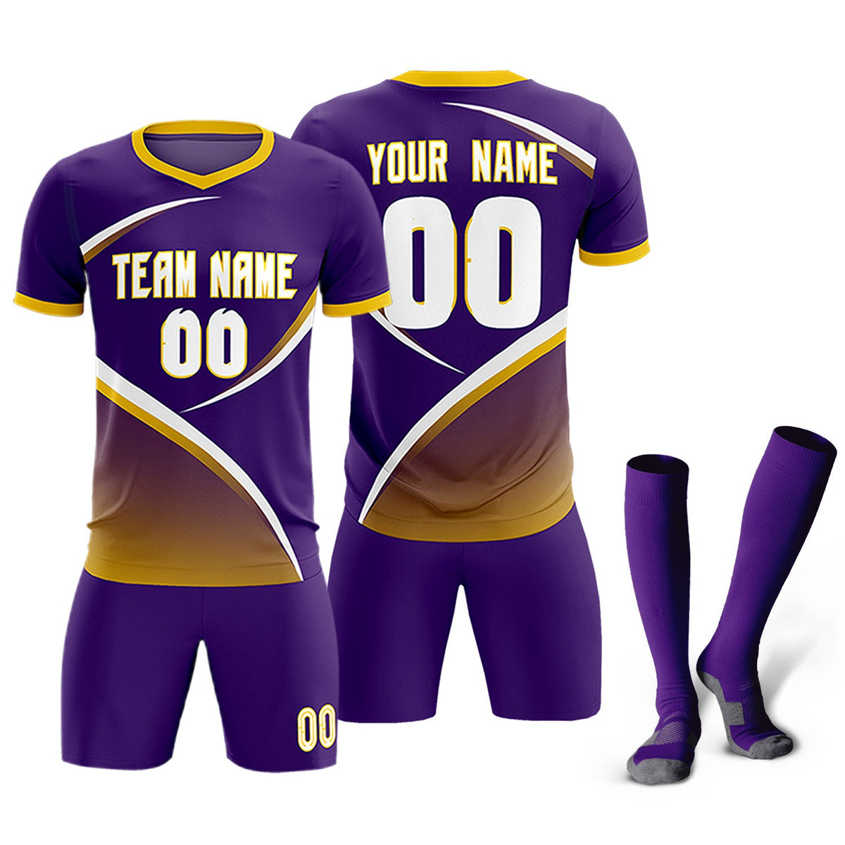 Custom Purple Gold Color Block Training Uniform For Men Soccer Sets Jersey