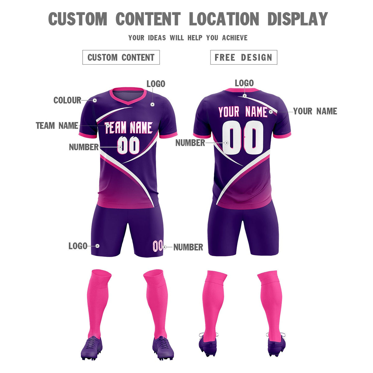 Custom Purple Pink Color Block Training Uniform For Men Soccer Sets Jersey