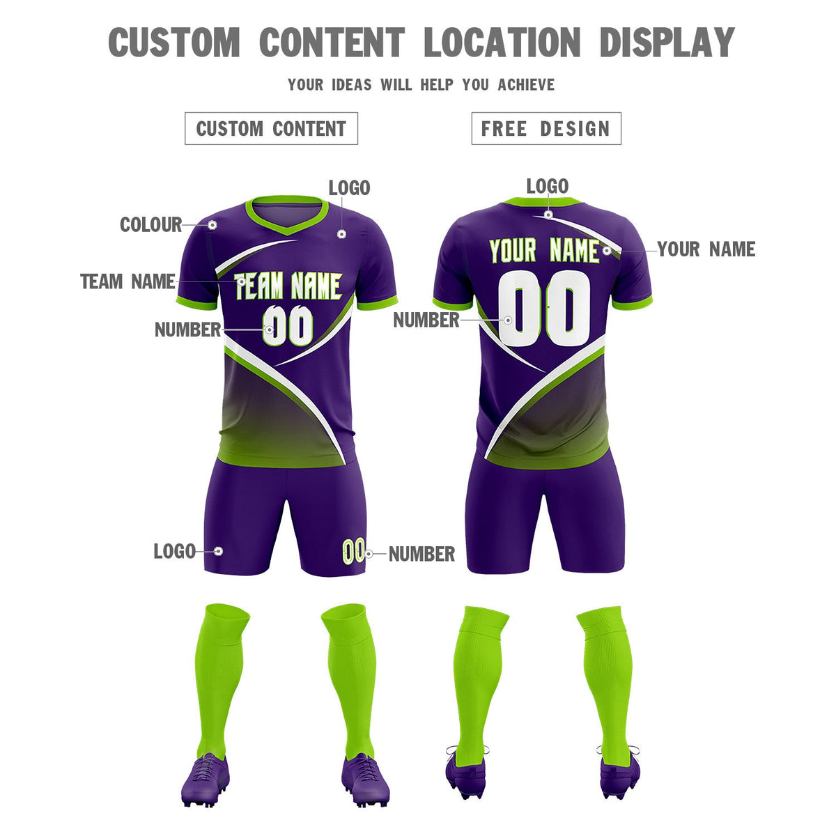 Custom Purple Neon Green Color Block Training Uniform For Men Soccer Sets Jersey