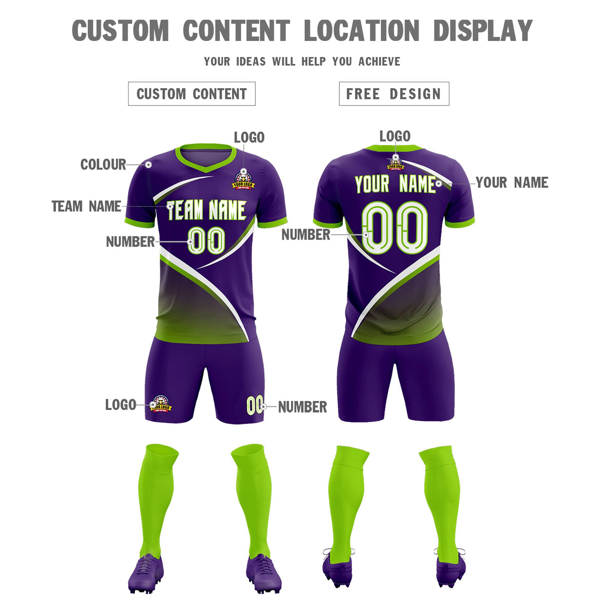 Custom Purple Neon Green Color Block Training Uniform For Men Soccer Sets Jersey