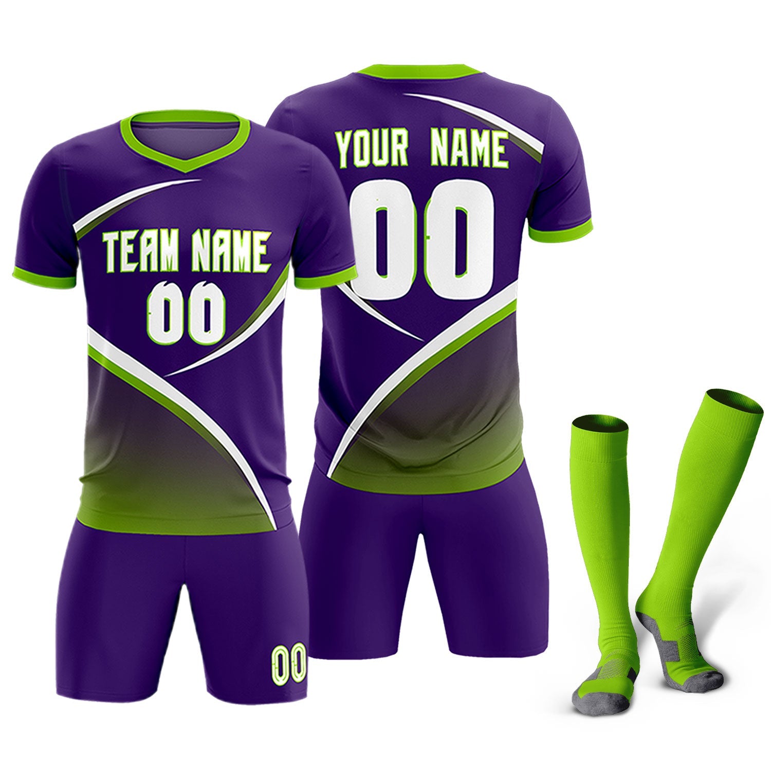 Custom Purple Neon Green Color Block Training Uniform For Men Soccer Sets Jersey
