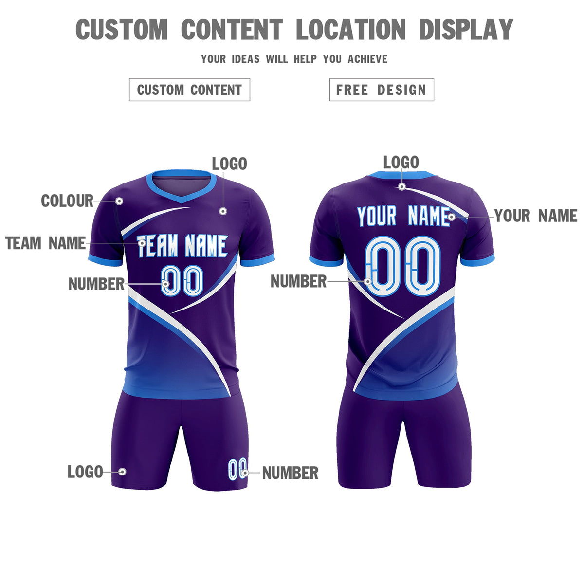 Custom Purple Powder Blue Color Block Training Uniform For Men Soccer Sets Jersey