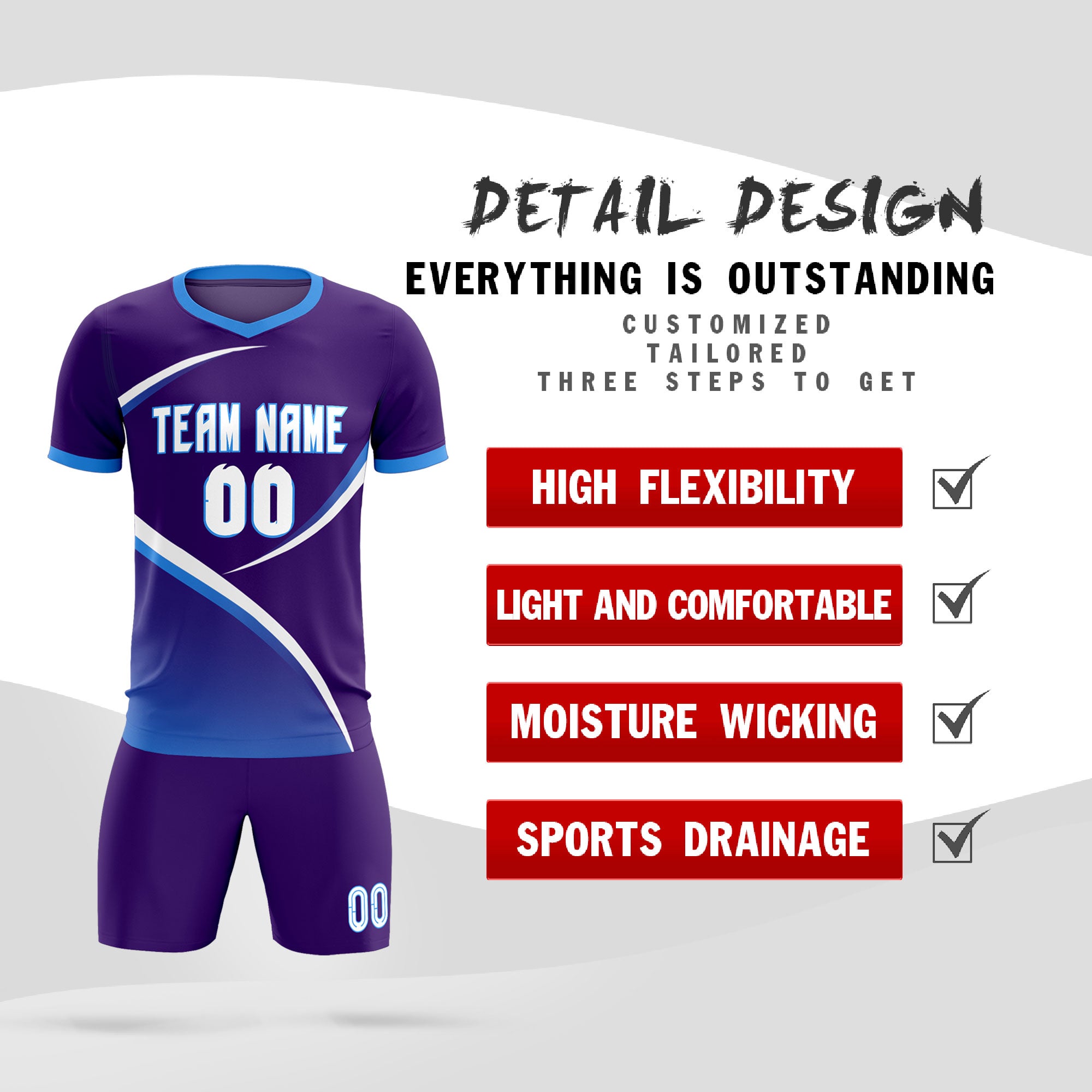 Custom Purple Powder Blue Color Block Training Uniform For Men Soccer Sets Jersey