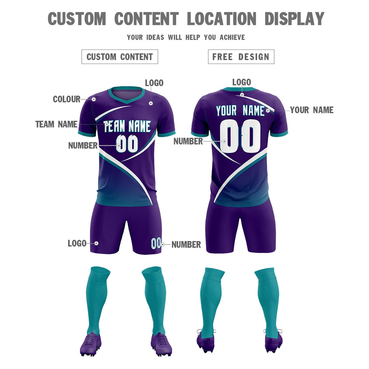 Custom Purple Aqua Color Block Training Uniform For Men Soccer Sets Jersey