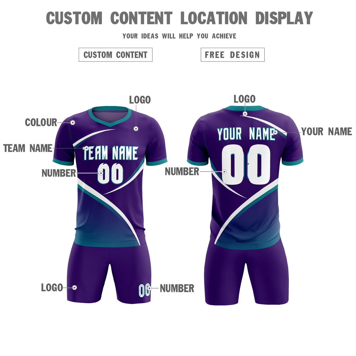 Custom Purple Aqua Color Block Training Uniform For Men Soccer Sets Jersey