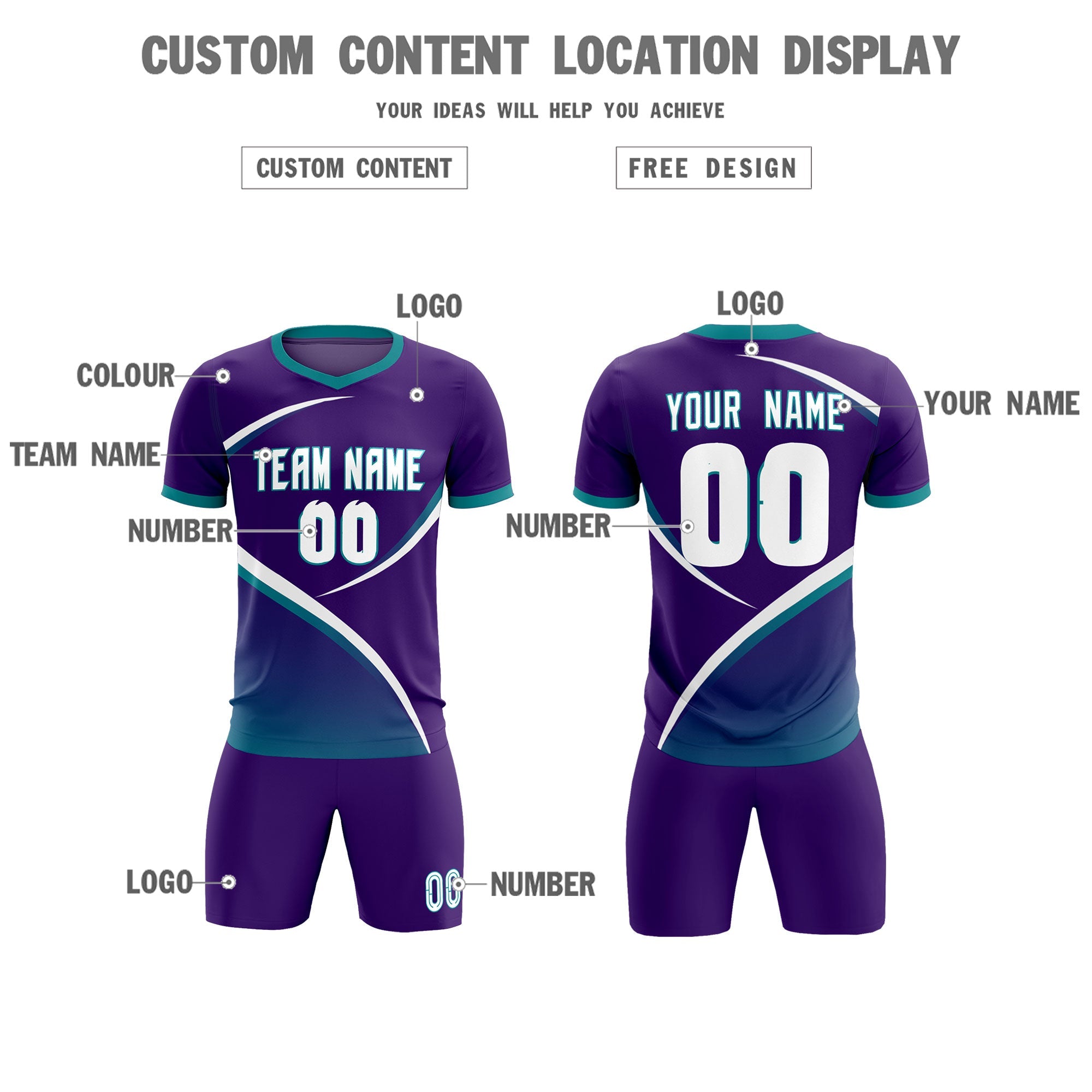 Custom Purple Aqua Color Block Training Uniform For Men Soccer Sets Jersey