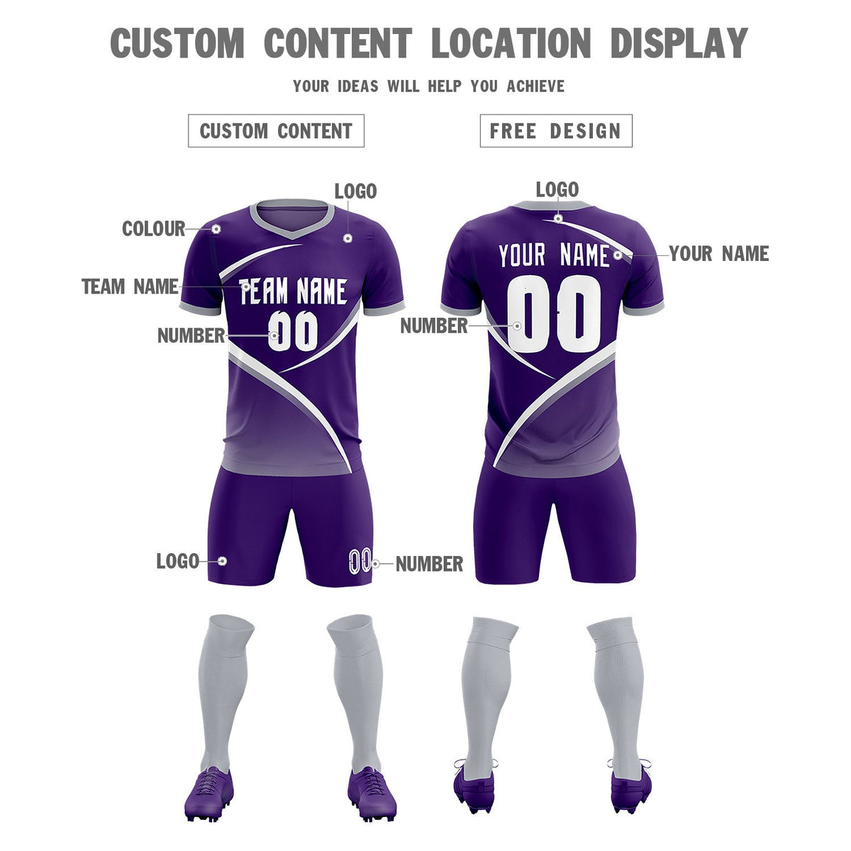 Custom Purple Gray Color Block Training Uniform For Men Soccer Sets Jersey