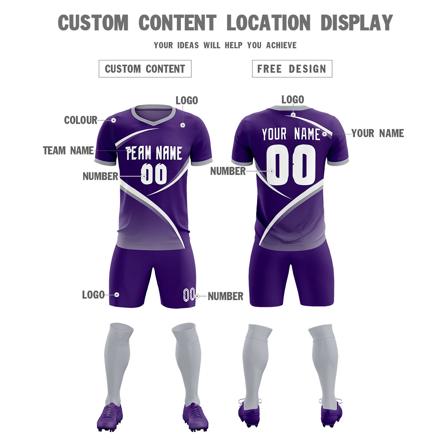 Custom Purple Gray Color Block Training Uniform For Men Soccer Sets Jersey