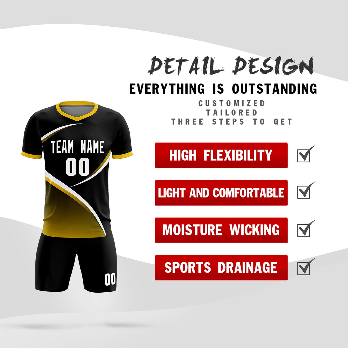 Custom Black Gold Color Block Training Uniform For Men Soccer Sets Jersey