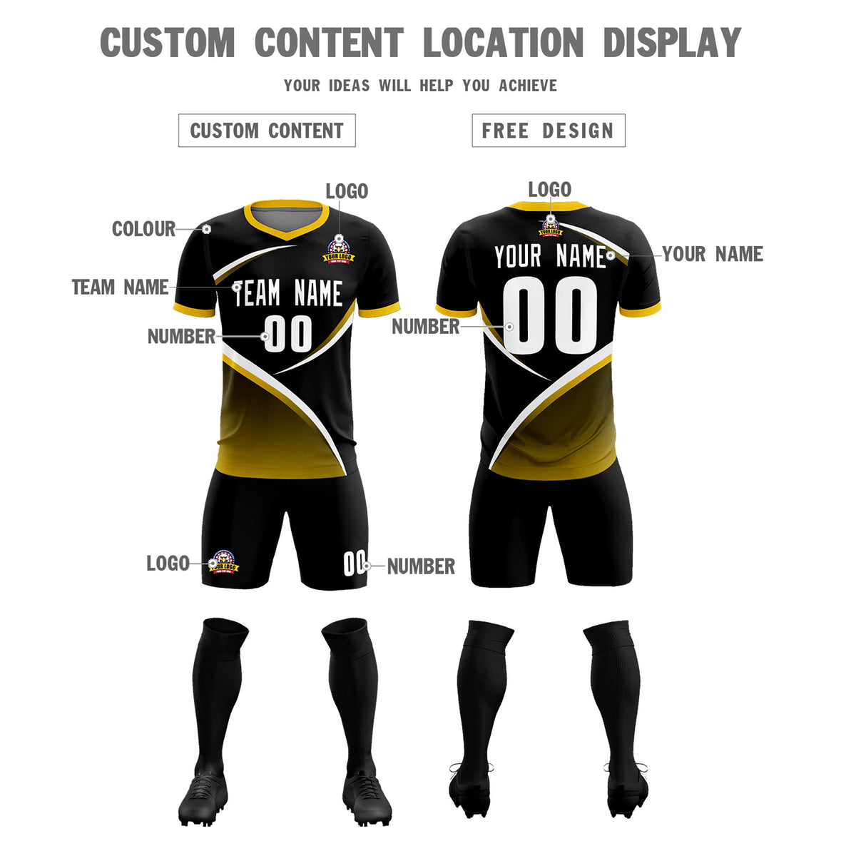 Custom Black Gold Color Block Training Uniform For Men Soccer Sets Jersey