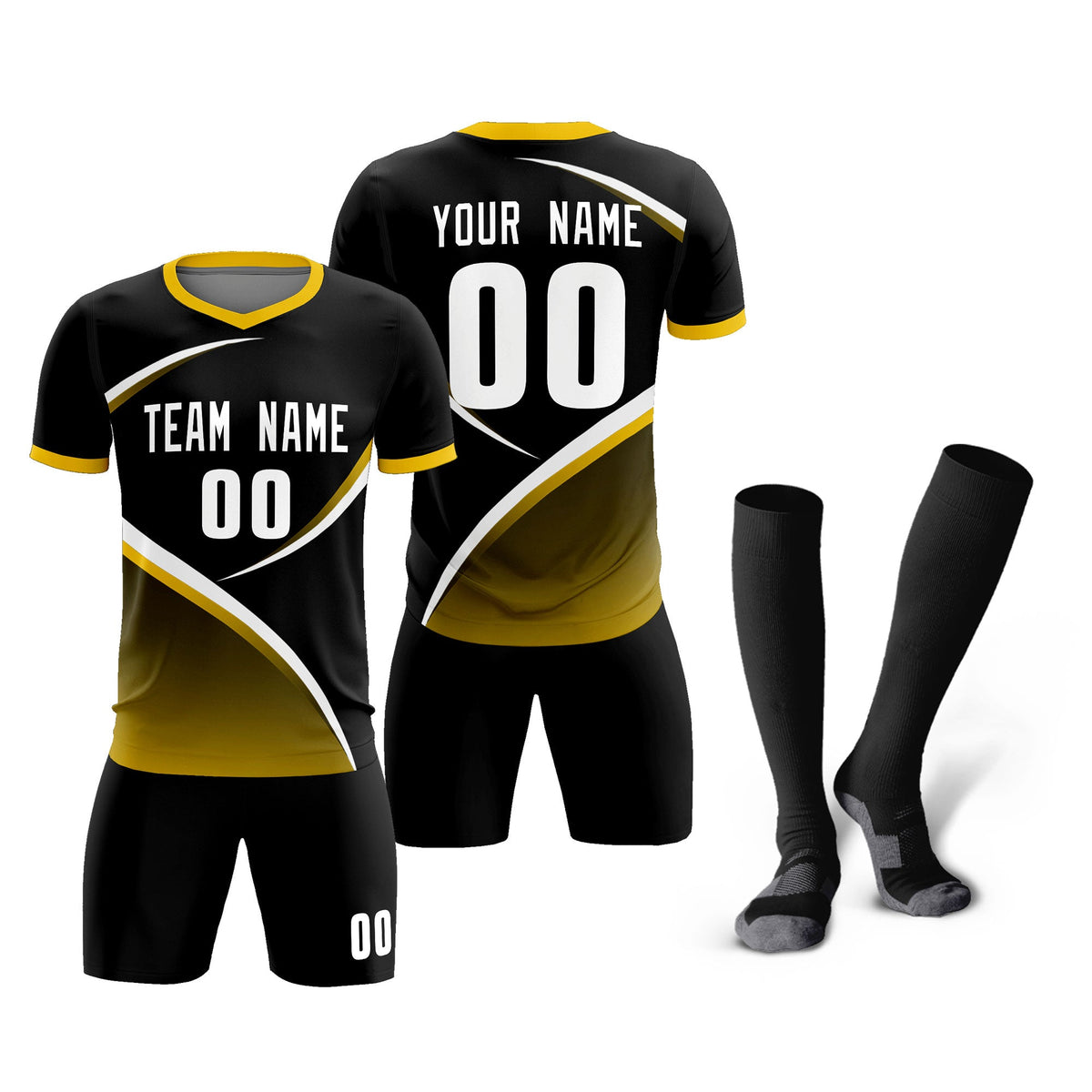 Custom Black Gold Color Block Training Uniform For Men Soccer Sets Jersey