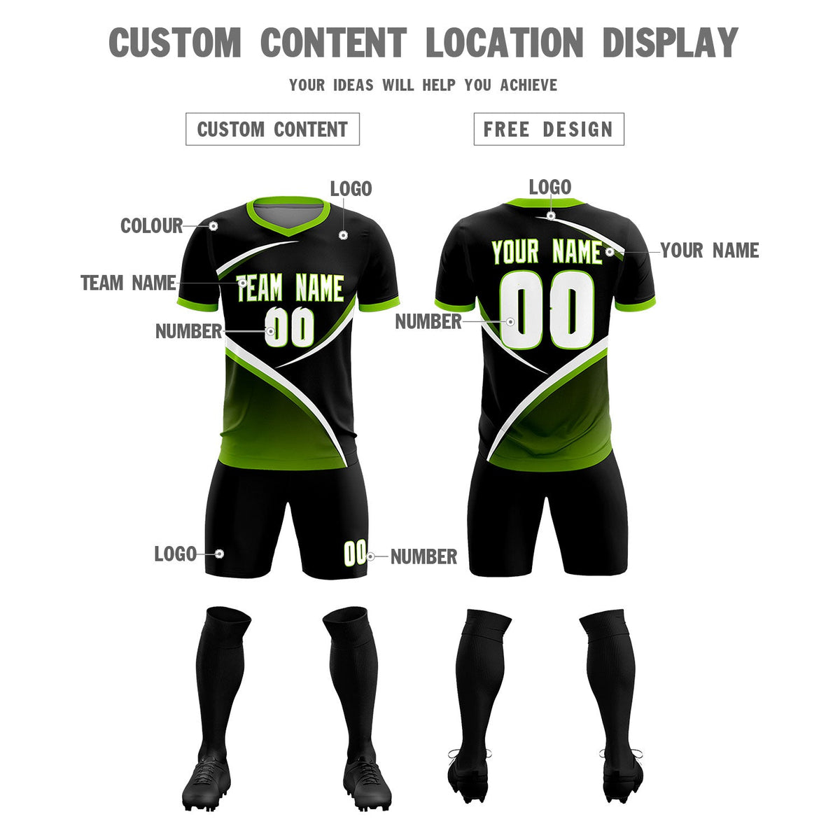 Custom Black Neon Green Color Block Training Uniform For Men Soccer Sets Jersey