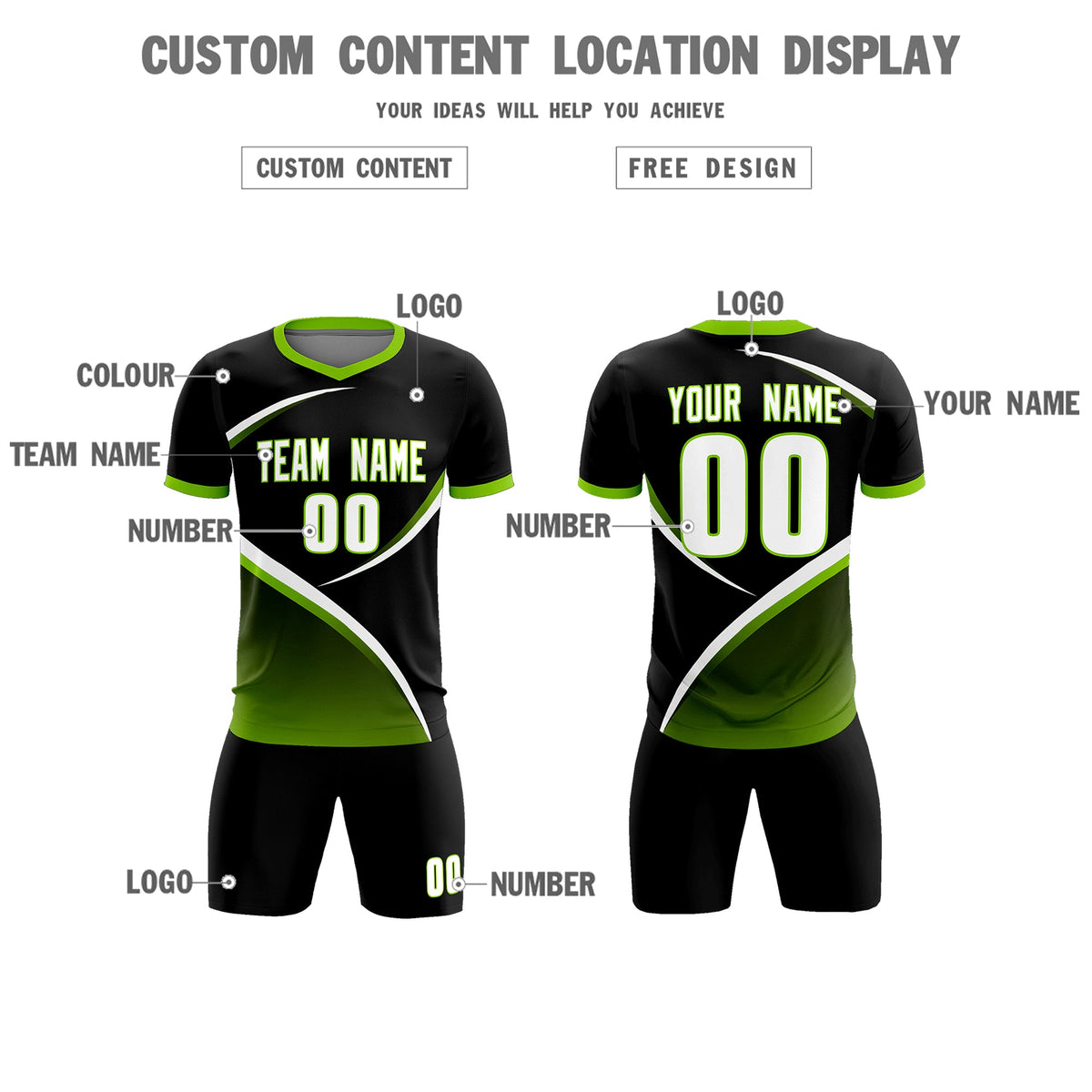 Custom Black Neon Green Color Block Training Uniform For Men Soccer Sets Jersey