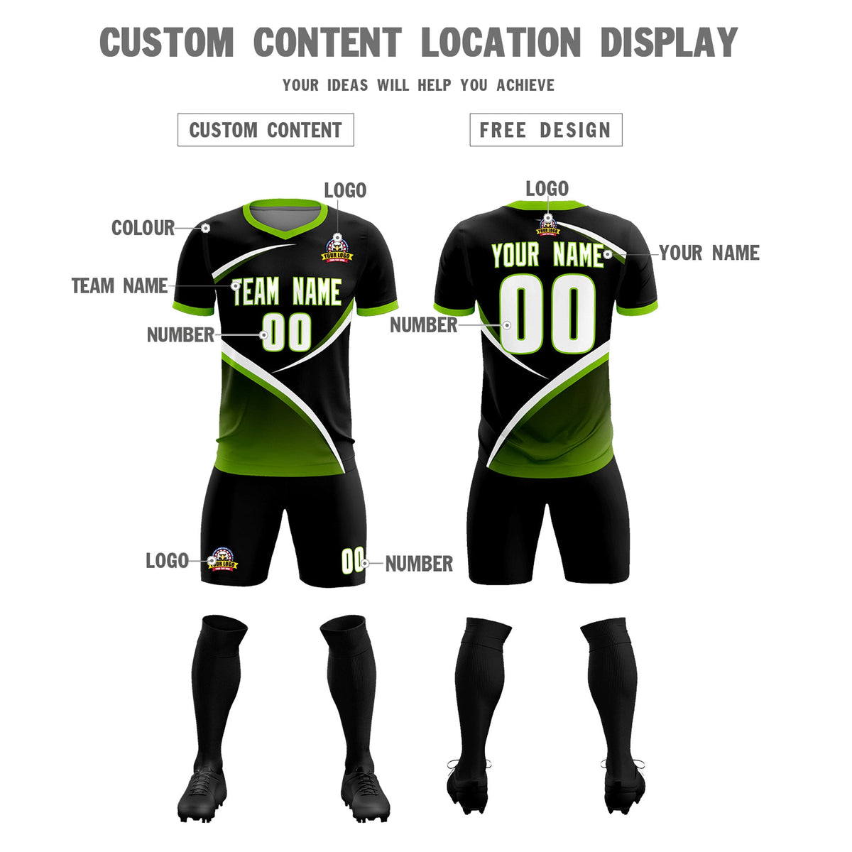 Custom Black Neon Green Color Block Training Uniform For Men Soccer Sets Jersey