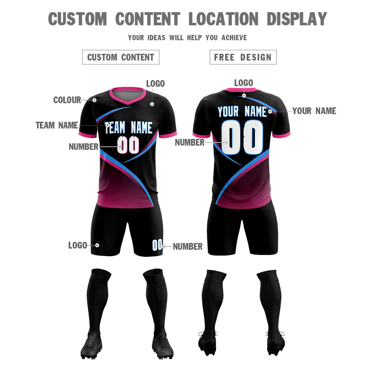 Custom Black Pink Color Block Training Uniform For Men Soccer Sets Jersey