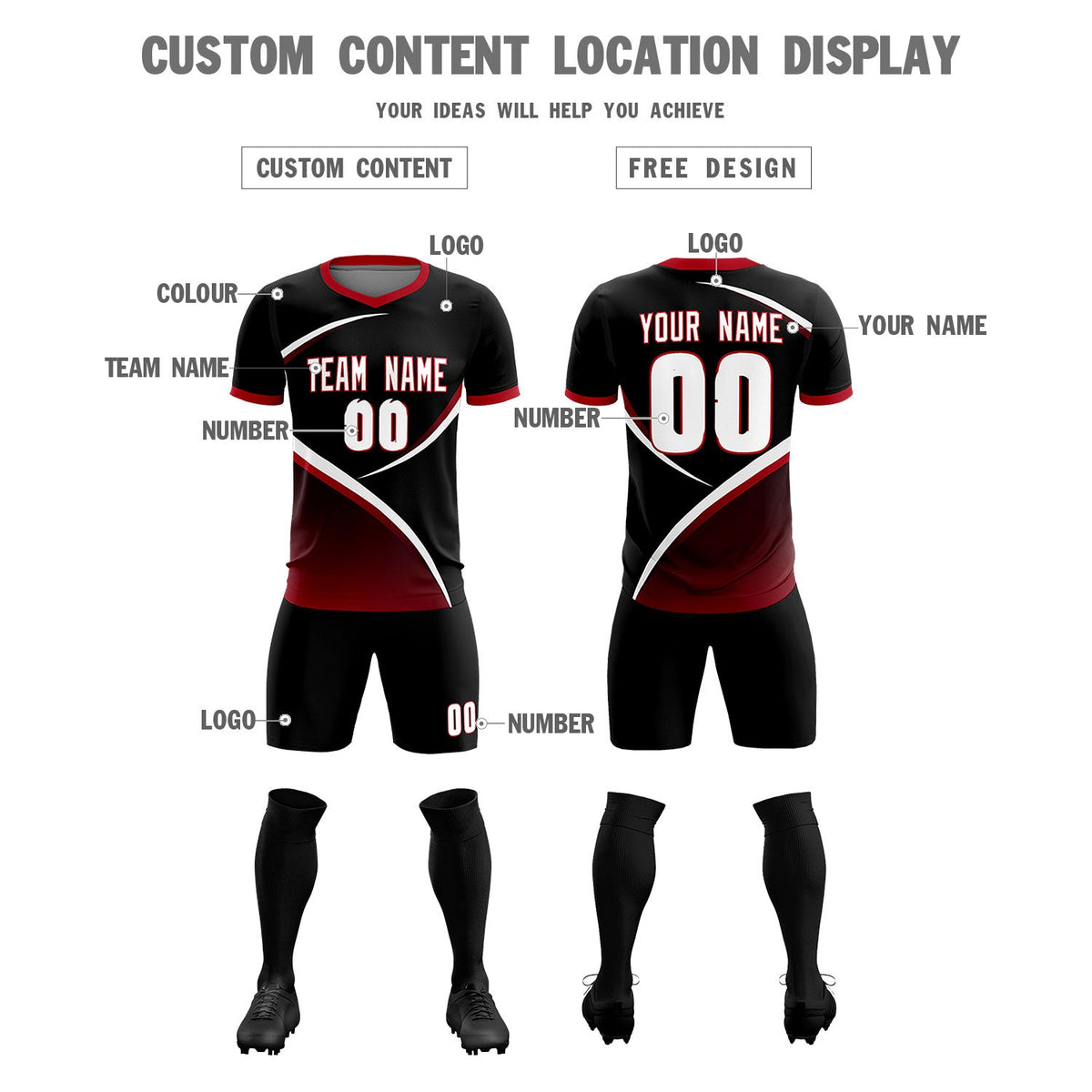 Custom Black Red Color Block Training Uniform For Men Soccer Sets Jersey