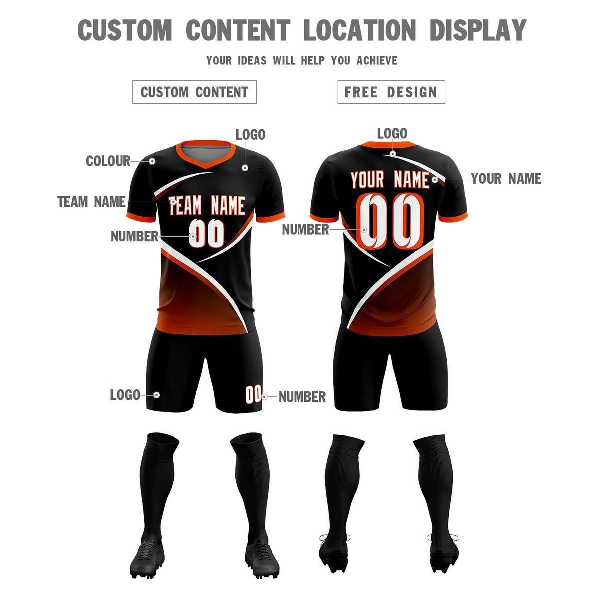 Custom Black Orange Color Block Training Uniform For Men Soccer Sets Jersey