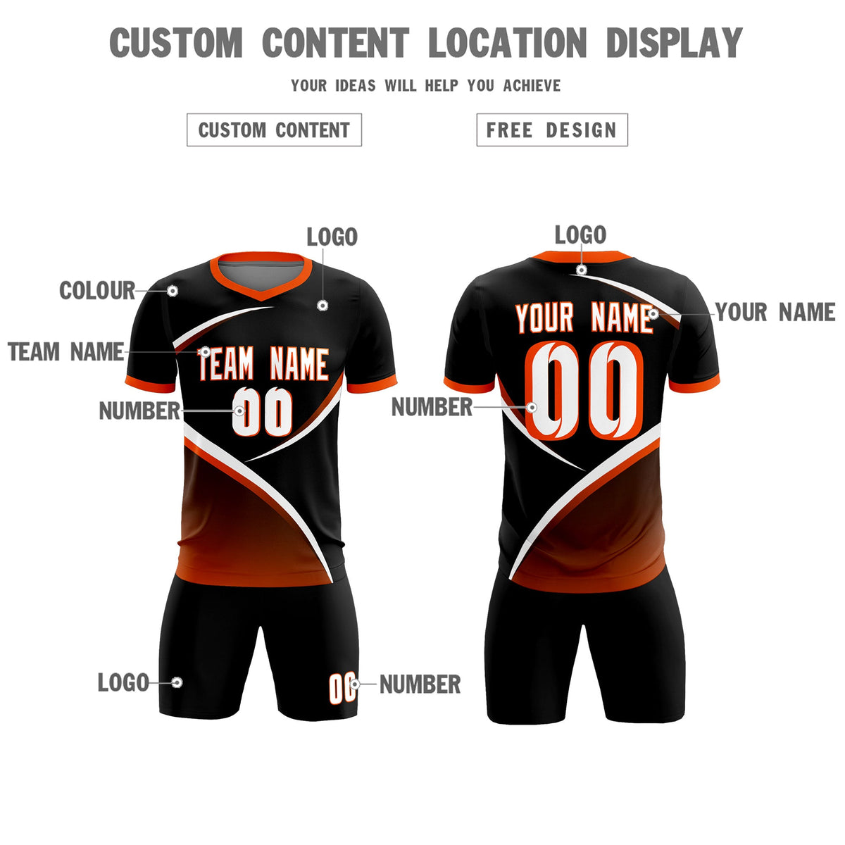 Custom Black Orange Color Block Training Uniform For Men Soccer Sets Jersey