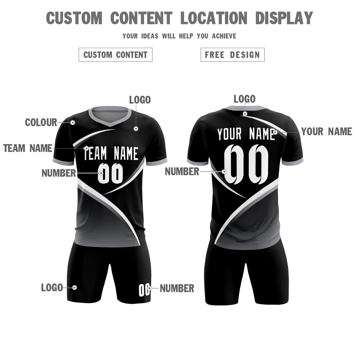 Custom Black Gray Color Block Training Uniform For Men Soccer Sets Jersey