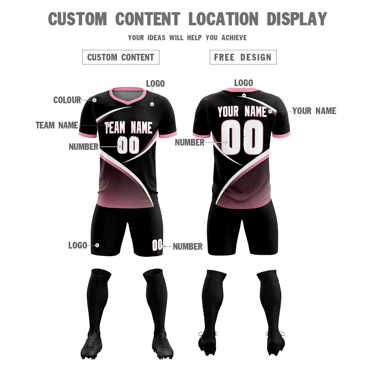 Custom Black Light Pink Color Block Training Uniform For Men Soccer Sets Jersey