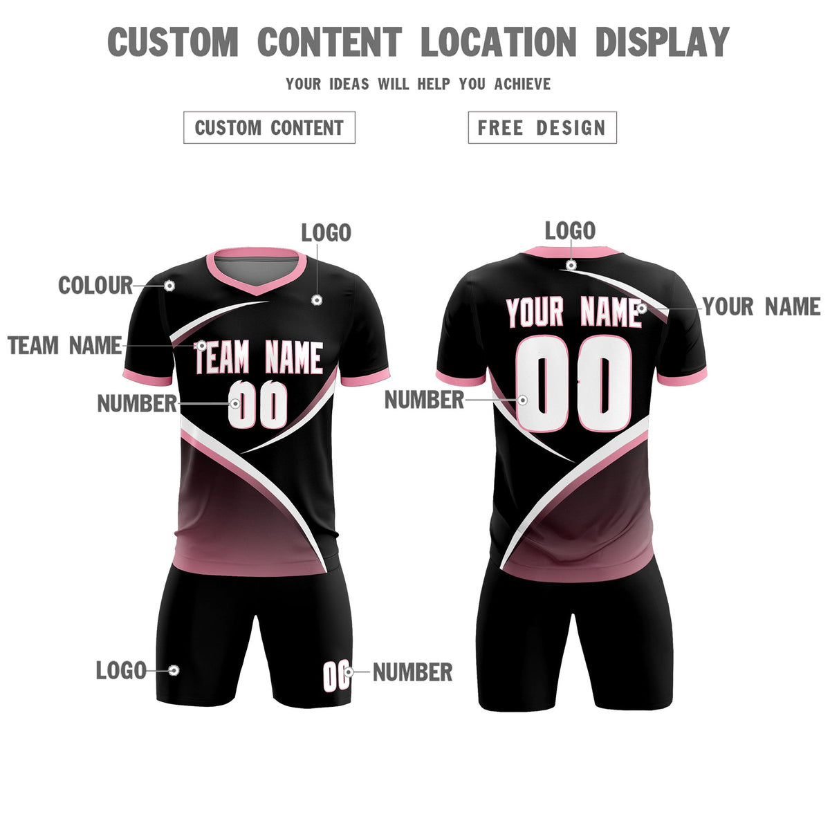 Custom Black Light Pink Color Block Training Uniform For Men Soccer Sets Jersey