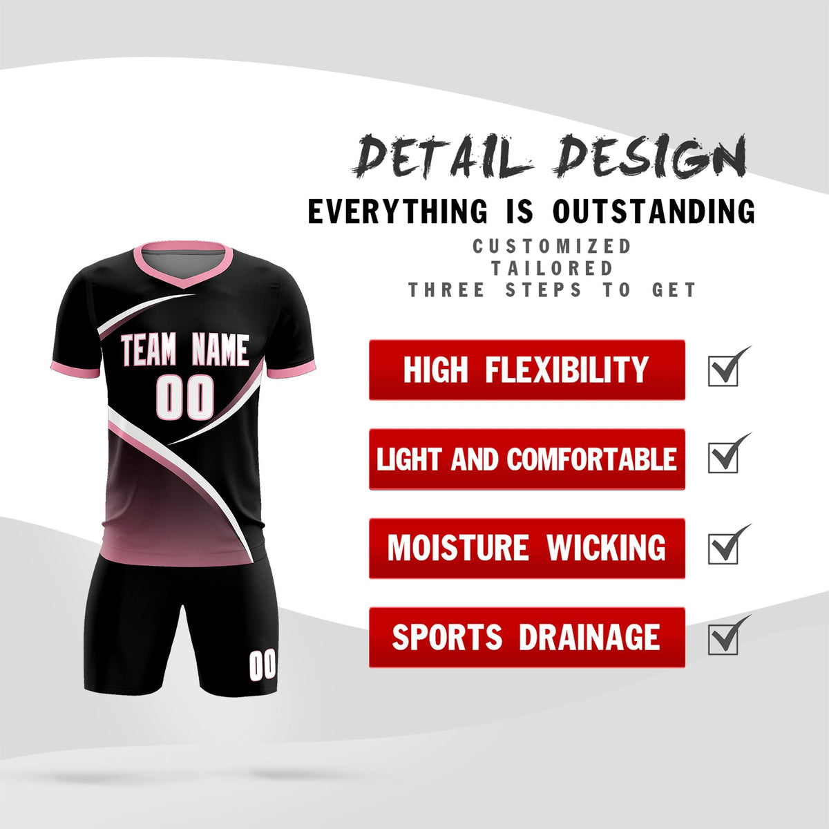 Custom Black Light Pink Color Block Training Uniform For Men Soccer Sets Jersey