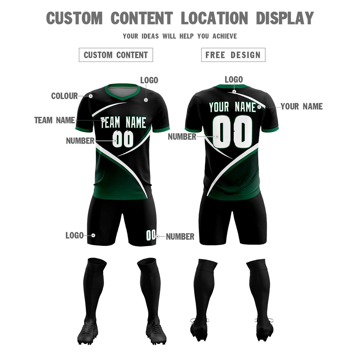 Custom Black Kelly Green Color Block Training Uniform For Men Soccer Sets Jersey