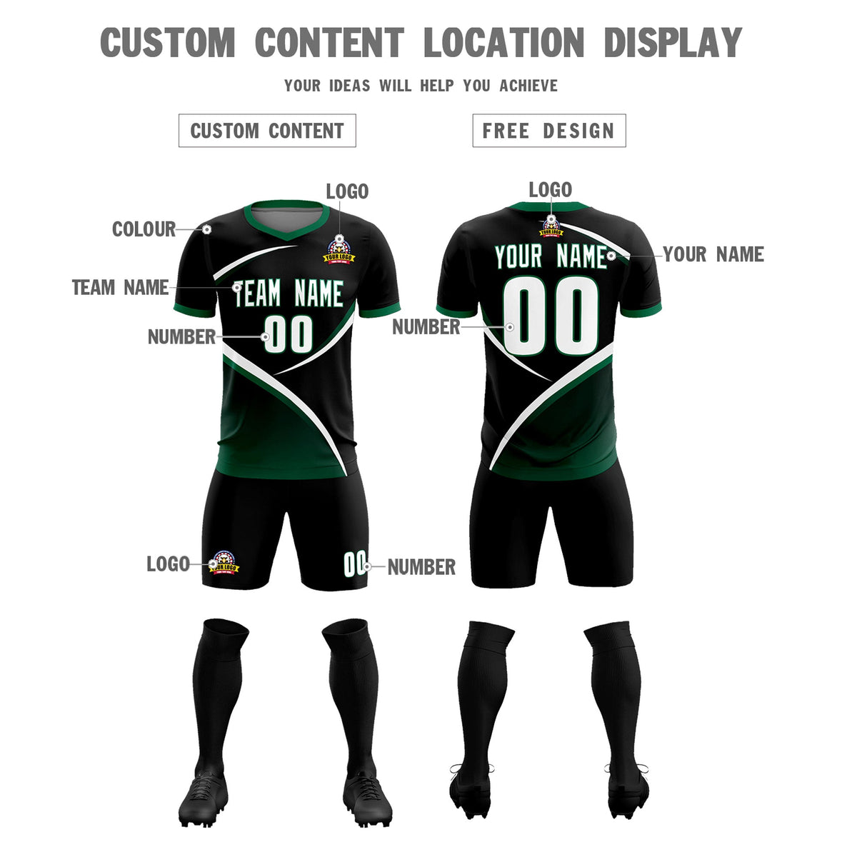 Custom Black Kelly Green Color Block Training Uniform For Men Soccer Sets Jersey