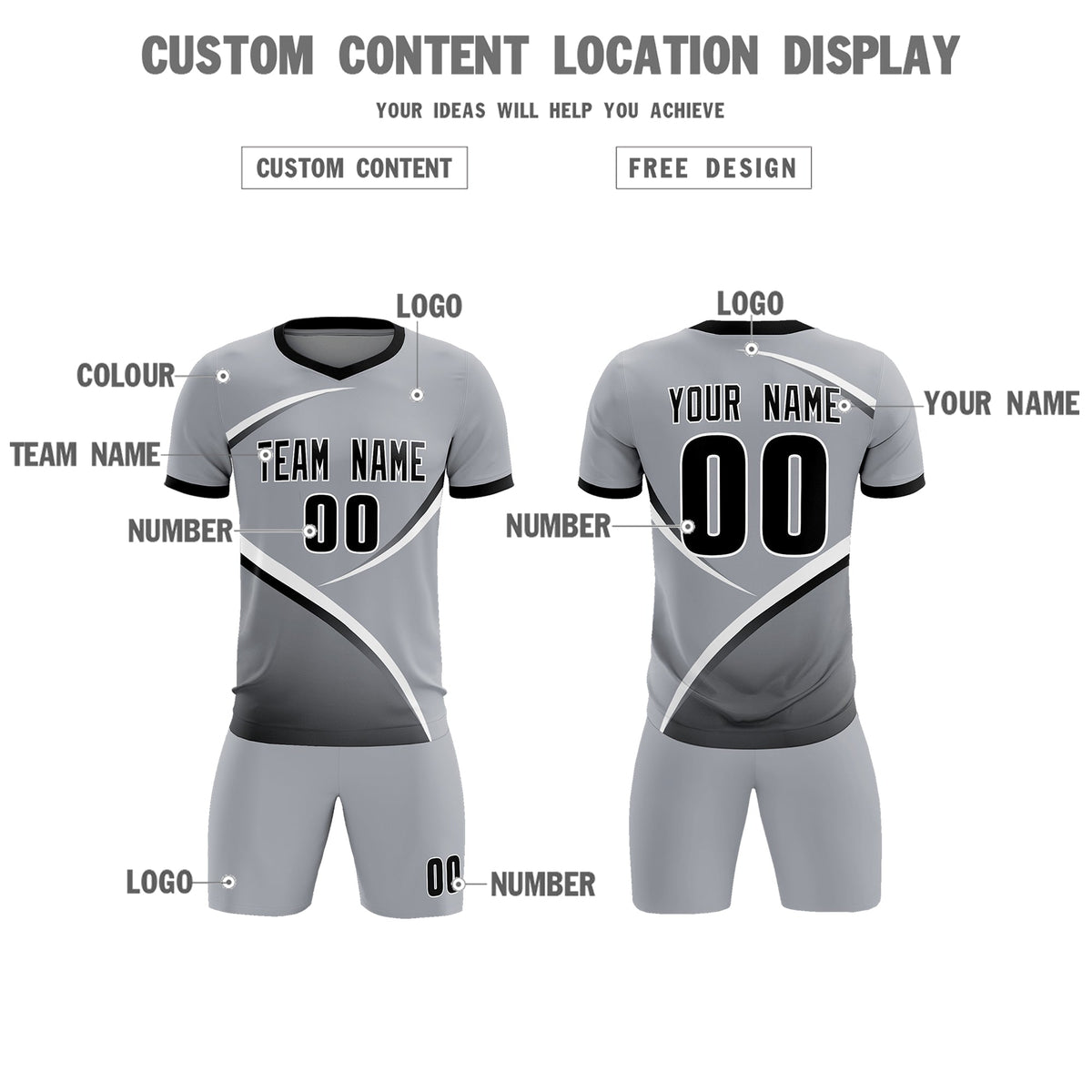 Custom Gray Black Color Block Training Uniform For Men Football Kits Jersey