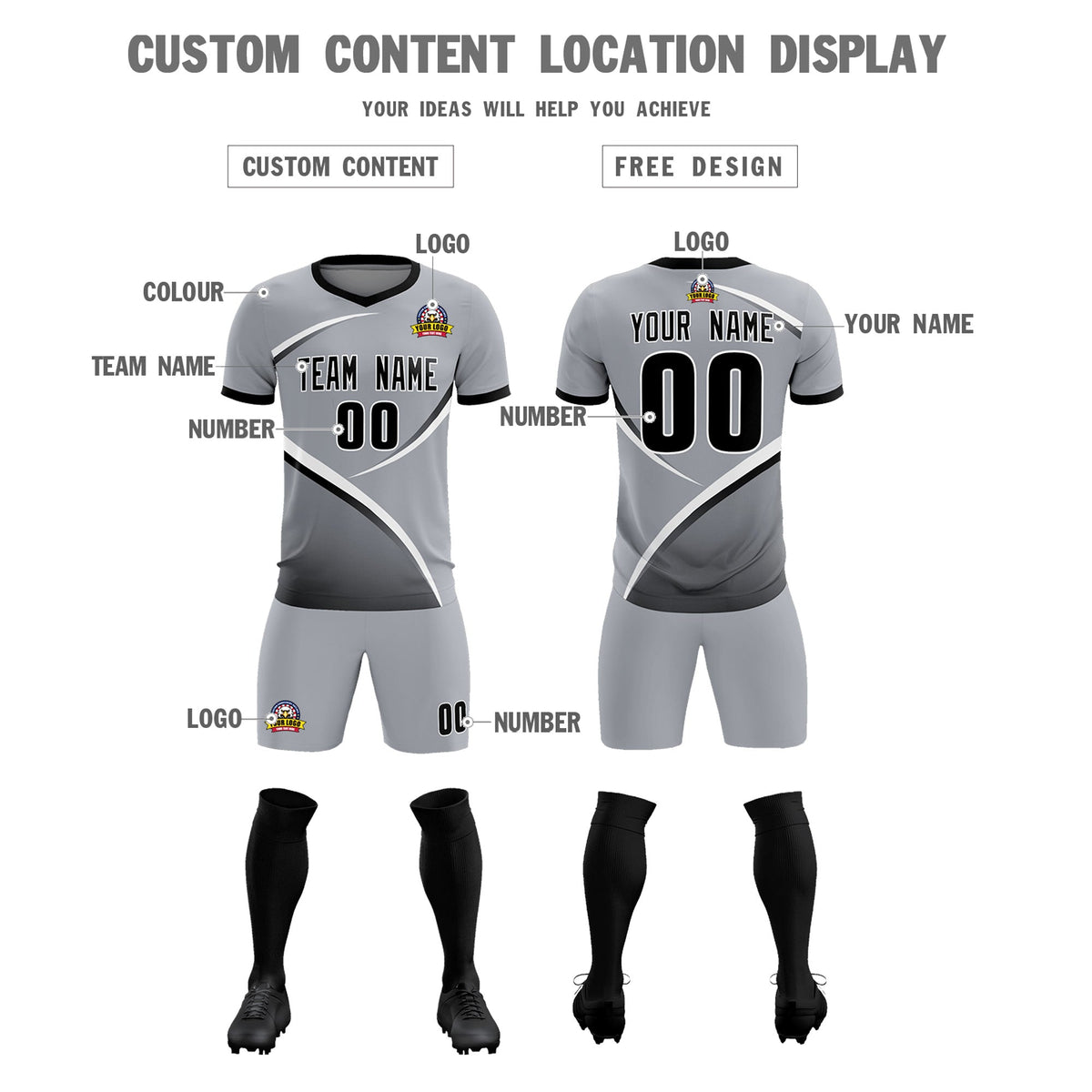 Custom Gray Black Color Block Training Uniform For Men Football Kits Jersey