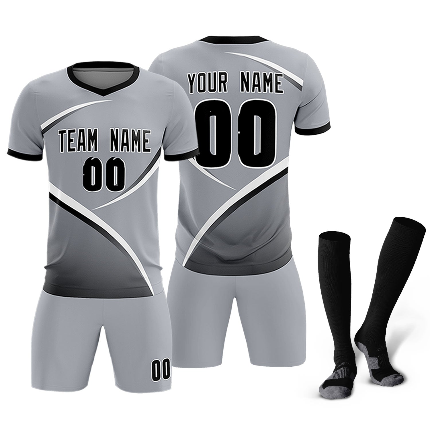 Custom Gray Black Color Block Training Uniform For Men Soccer Sets Jersey