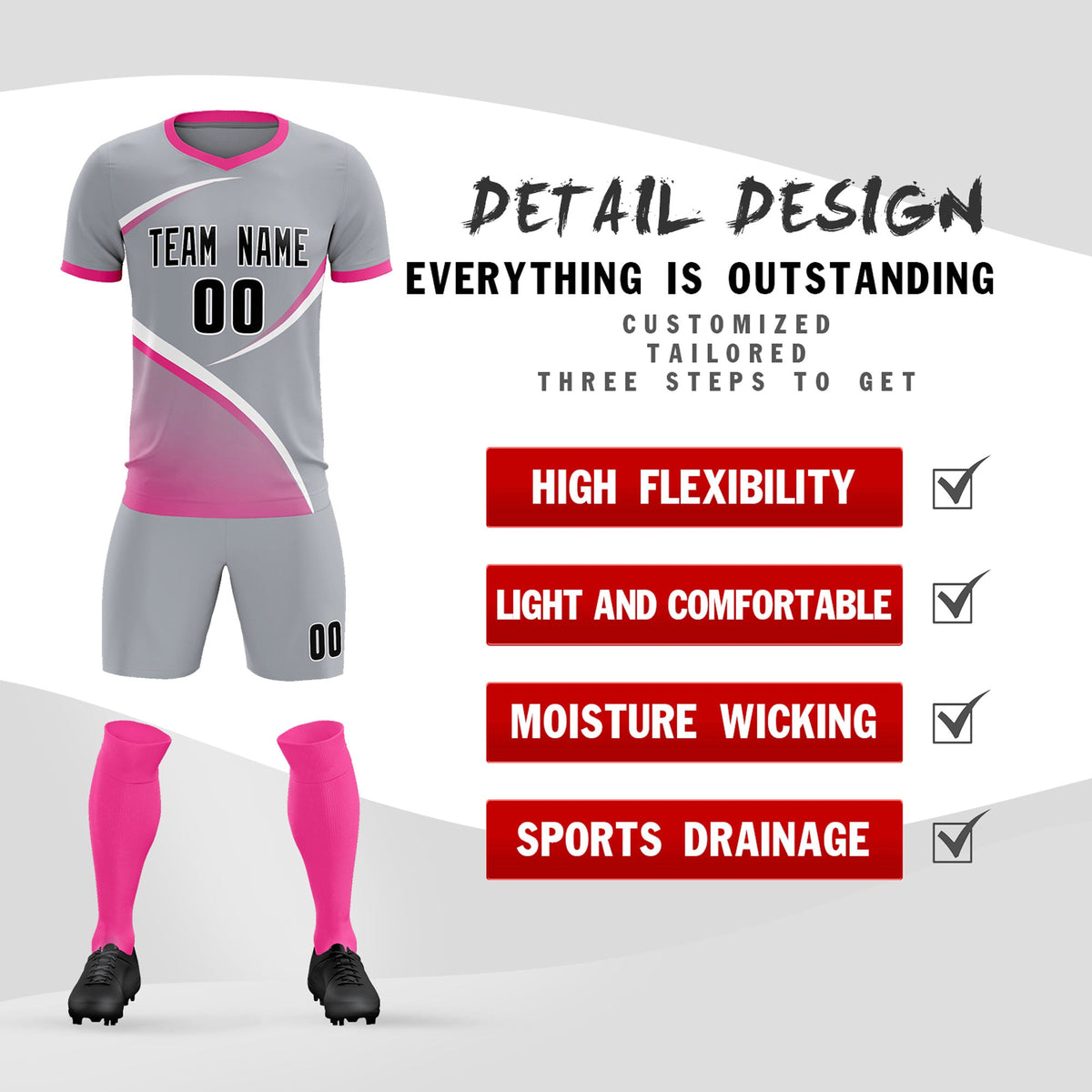 Custom Gray Pink Color Block Training Uniform For Men Football Kits Jersey