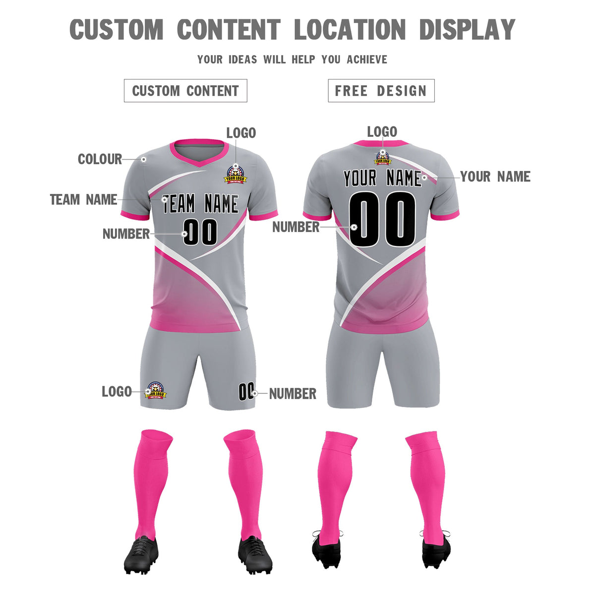 Custom Gray Pink Color Block Training Uniform For Men Football Kits Jersey
