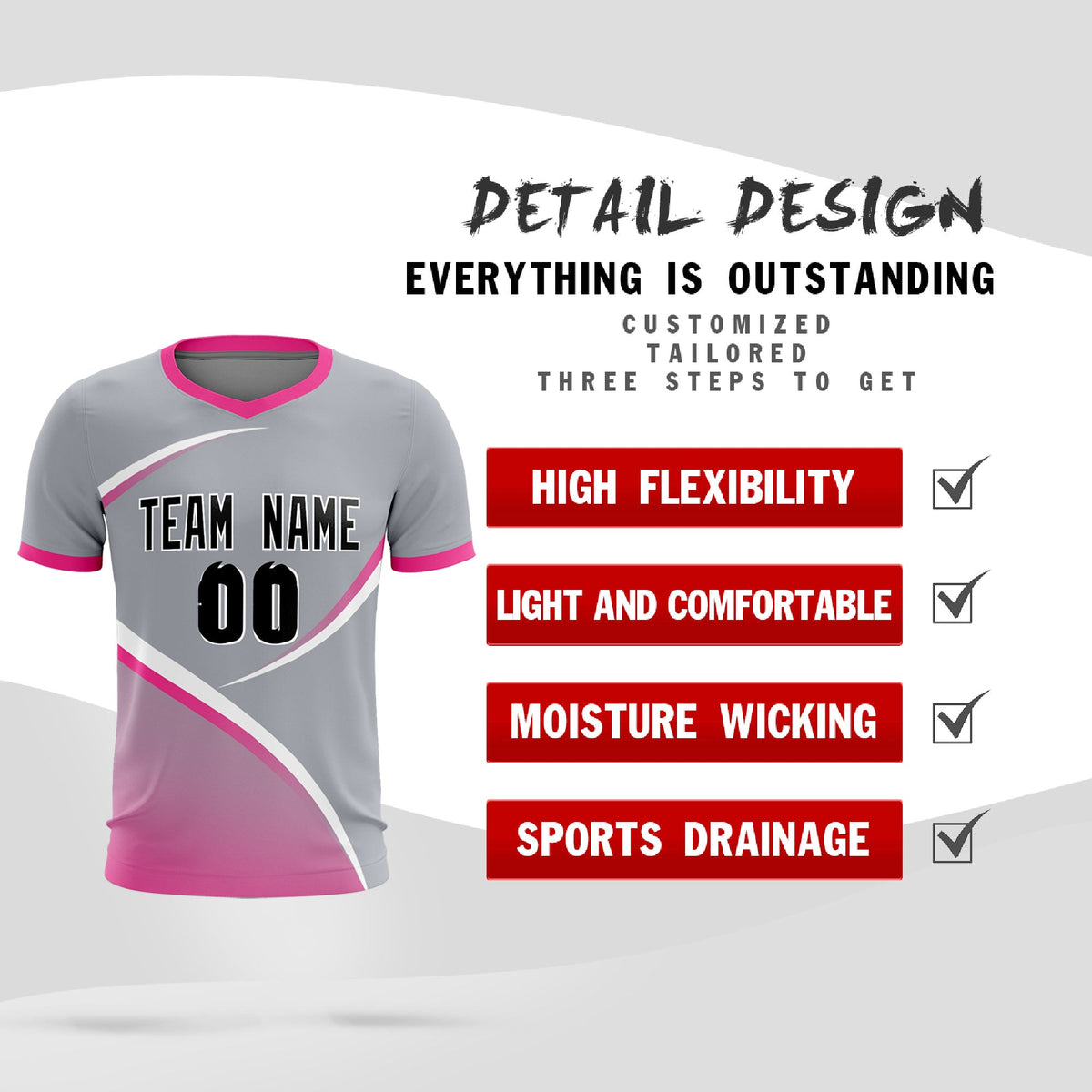 Custom Gray Pink Color Block Training Uniform For Men Soccer Sets Jersey