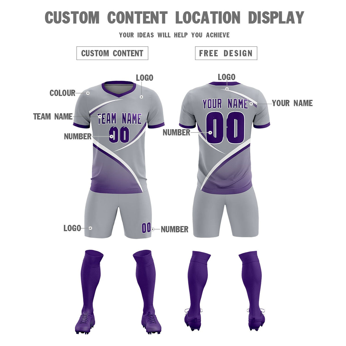Custom Gray Purple Color Block Training Uniform For Men Soccer Sets Jersey