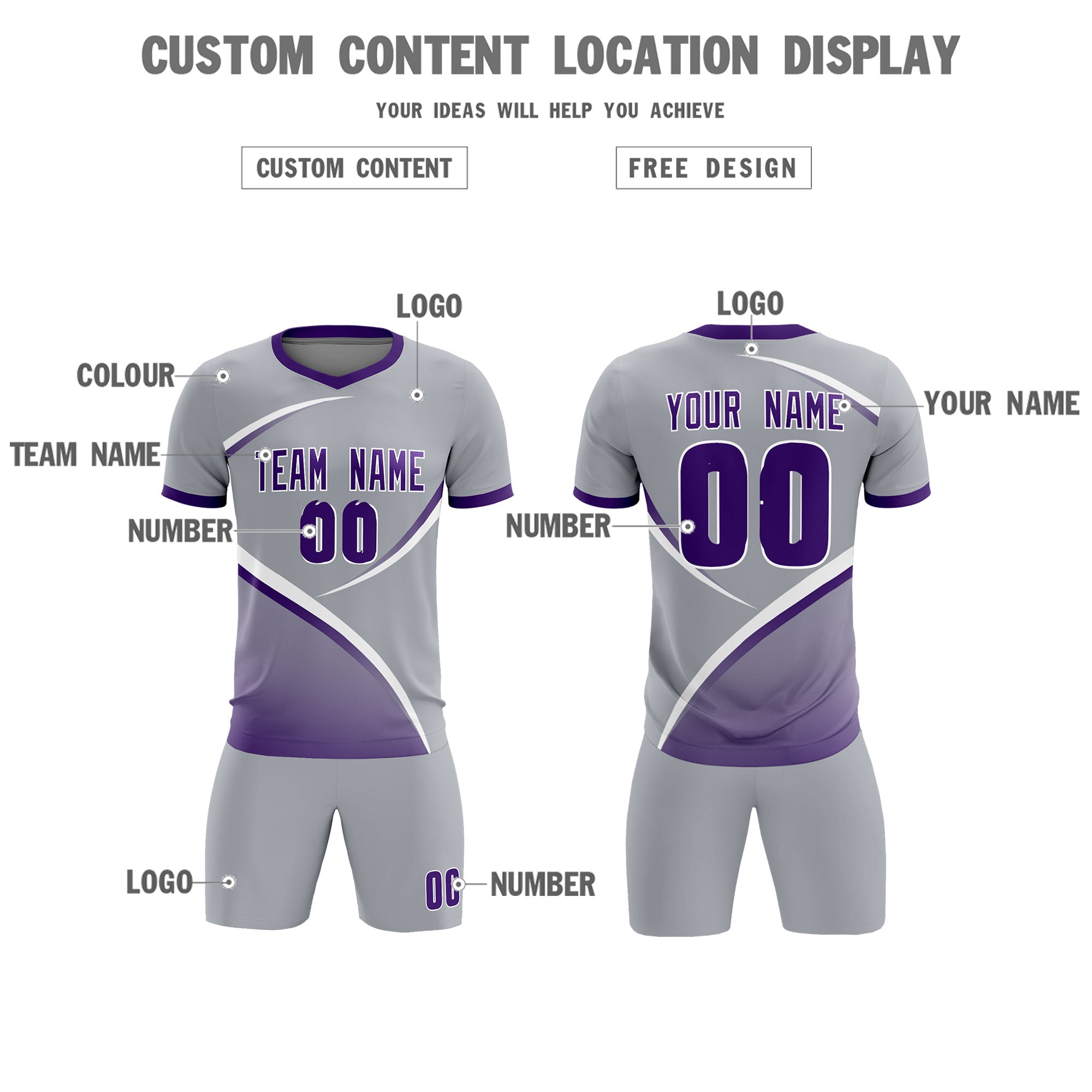 Custom Gray Purple Color Block Training Uniform For Men Soccer Sets Jersey