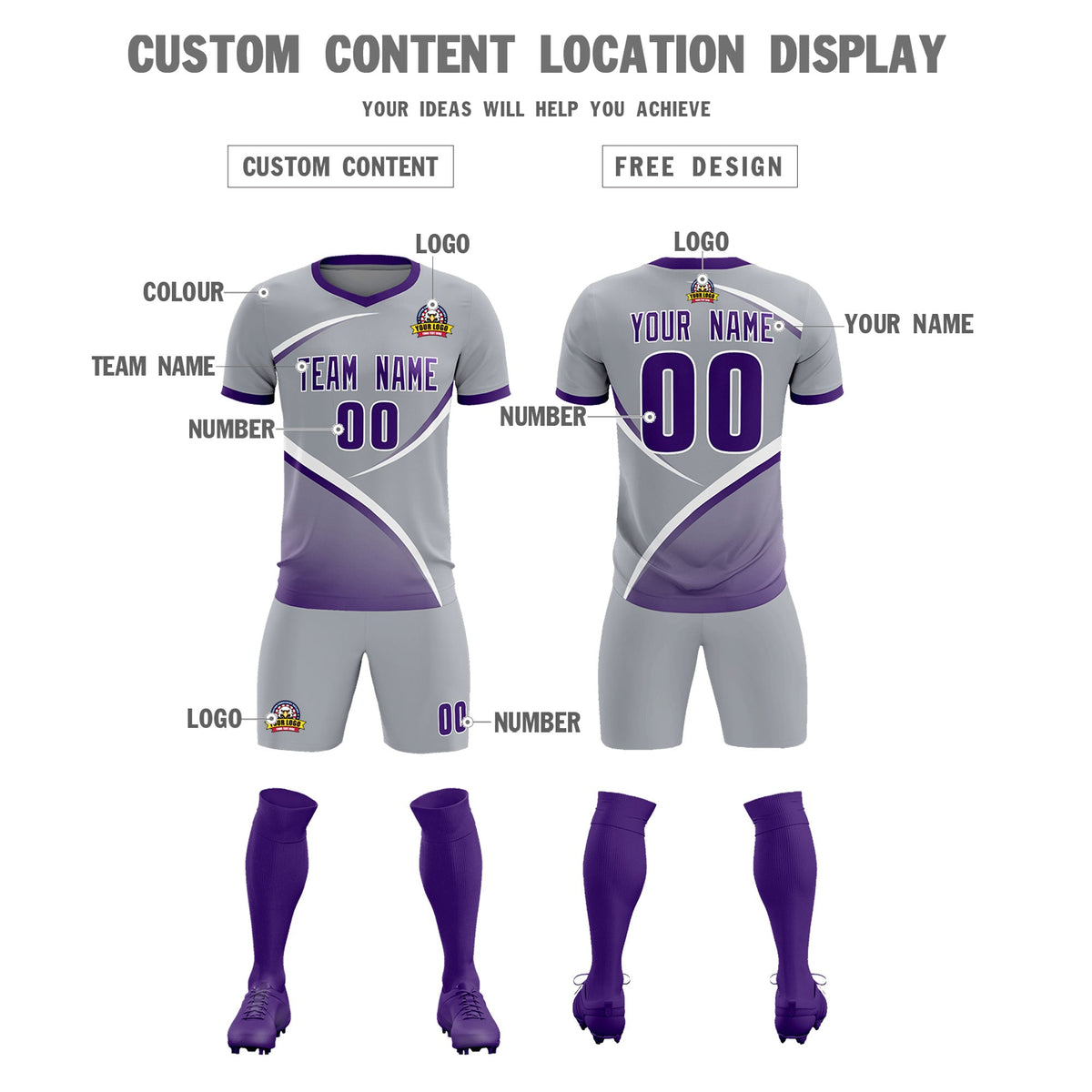 Custom Gray Purple Color Block Training Uniform For Men Football Kits Jersey