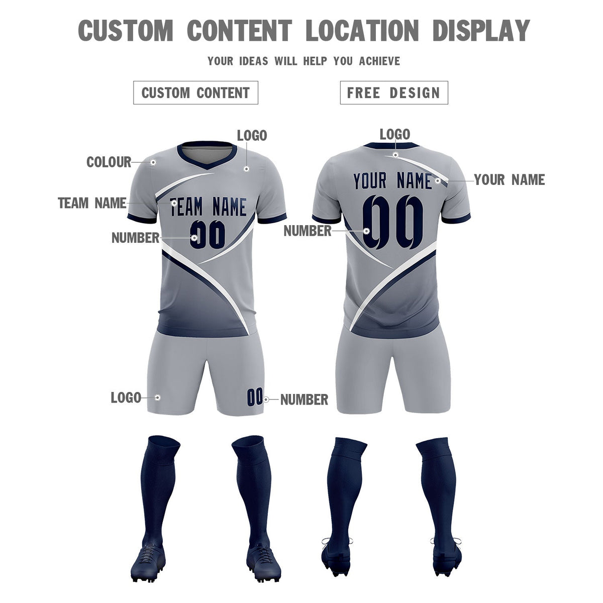 Custom Gray Navy Color Block Training Uniform For Men Soccer Sets Jersey