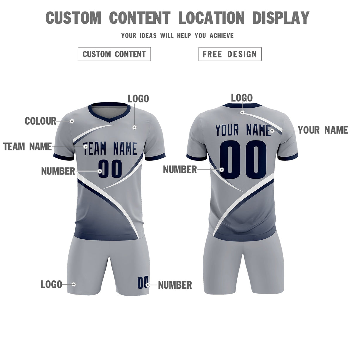 Custom Gray Navy Color Block Training Uniform For Men Football Kits Jersey