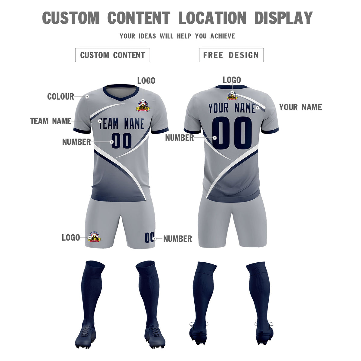 Custom Gray Navy Color Block Training Uniform For Men Football Kits Jersey