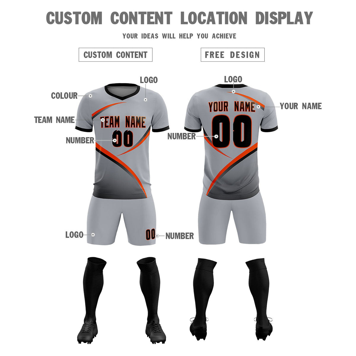 Custom Gray Black Color Block Training Uniform For Men Soccer Sets Jersey