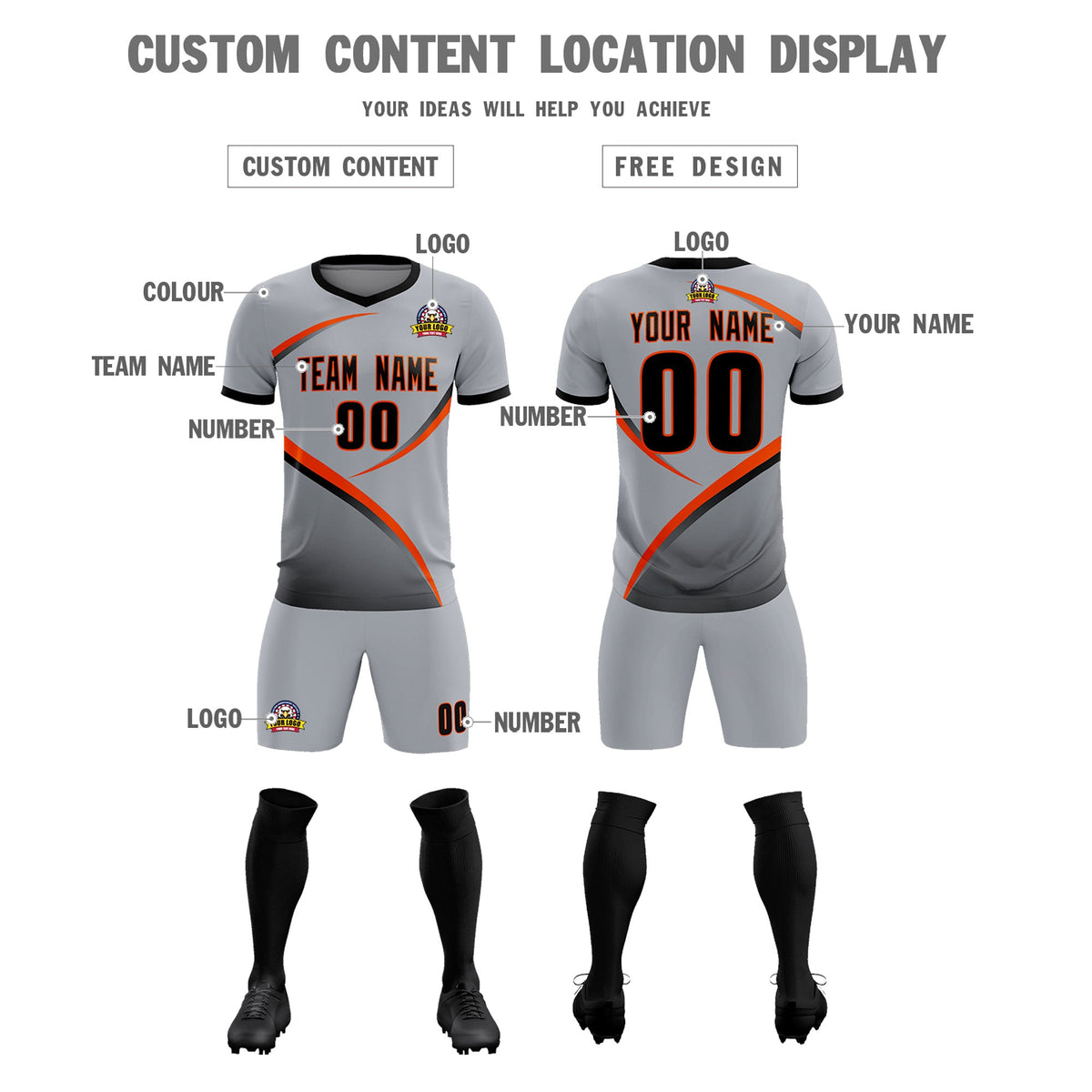 Custom Gray Black Color Block Training Uniform For Men Football Kits Jersey