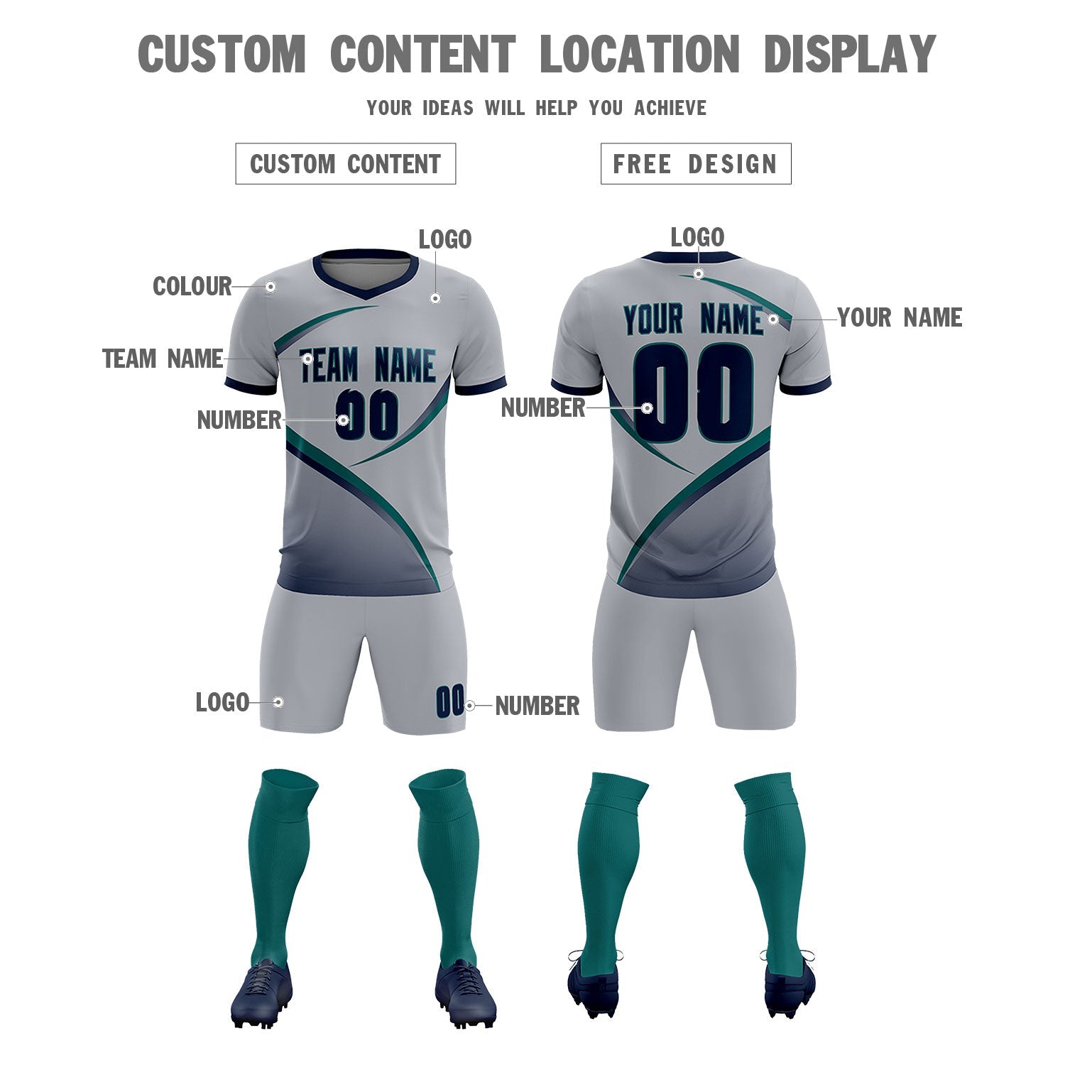 Custom Gray Navy Color Block Training Uniform For Men Soccer Sets Jersey