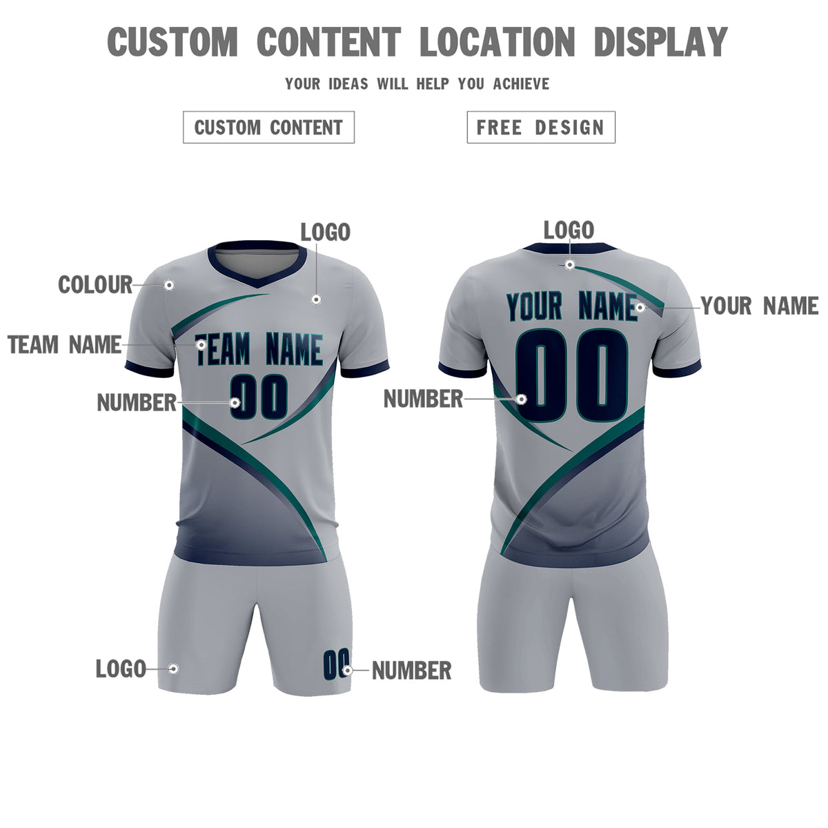 Custom Gray Navy Color Block Training Uniform For Men Football Kits Jersey