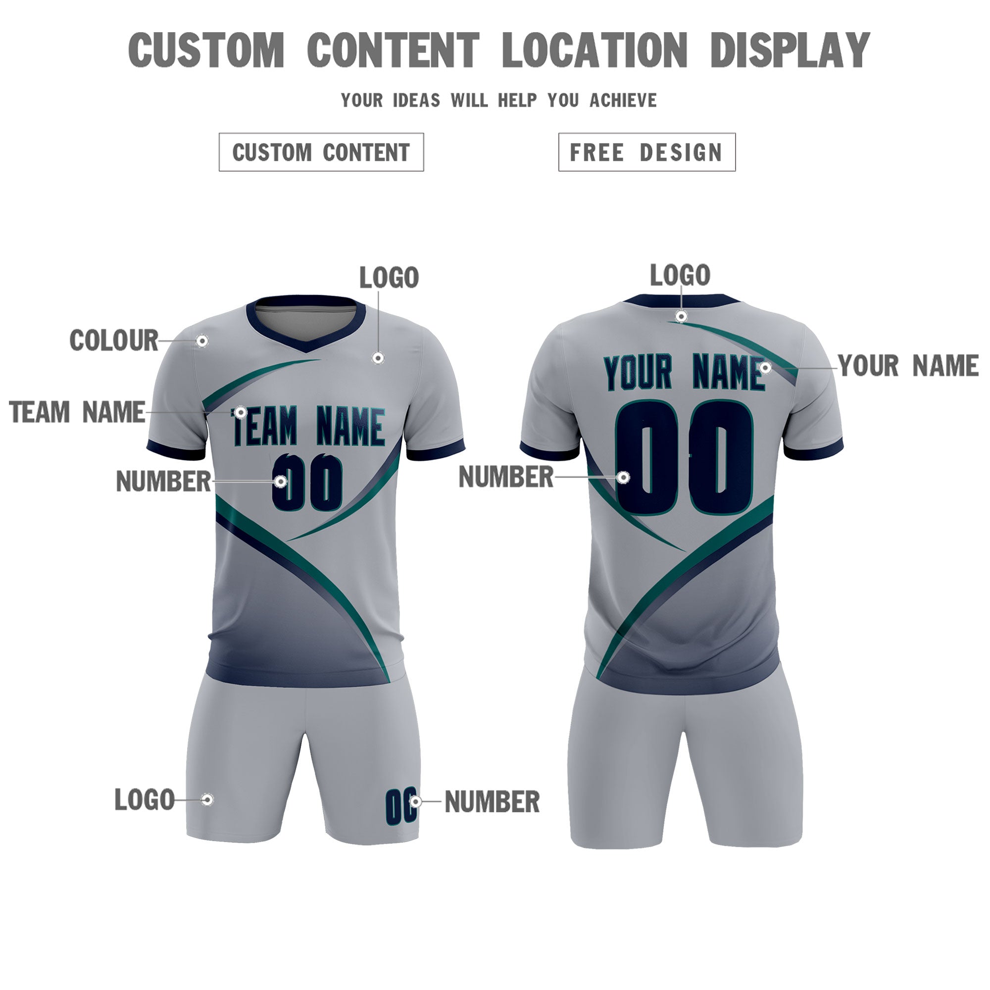 Custom Gray Navy Color Block Training Uniform For Men Soccer Sets Jersey