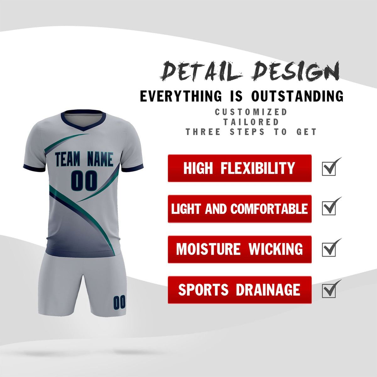 Custom Gray Navy Color Block Training Uniform For Men Football Kits Jersey