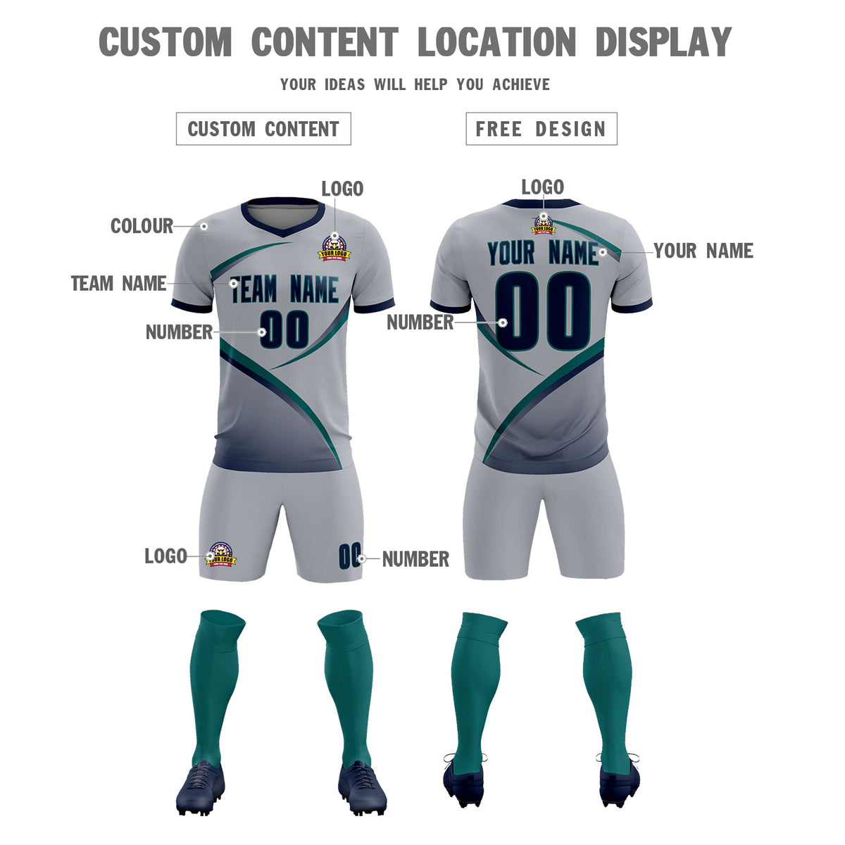 Custom Gray Navy Color Block Training Uniform For Men Football Kits Jersey