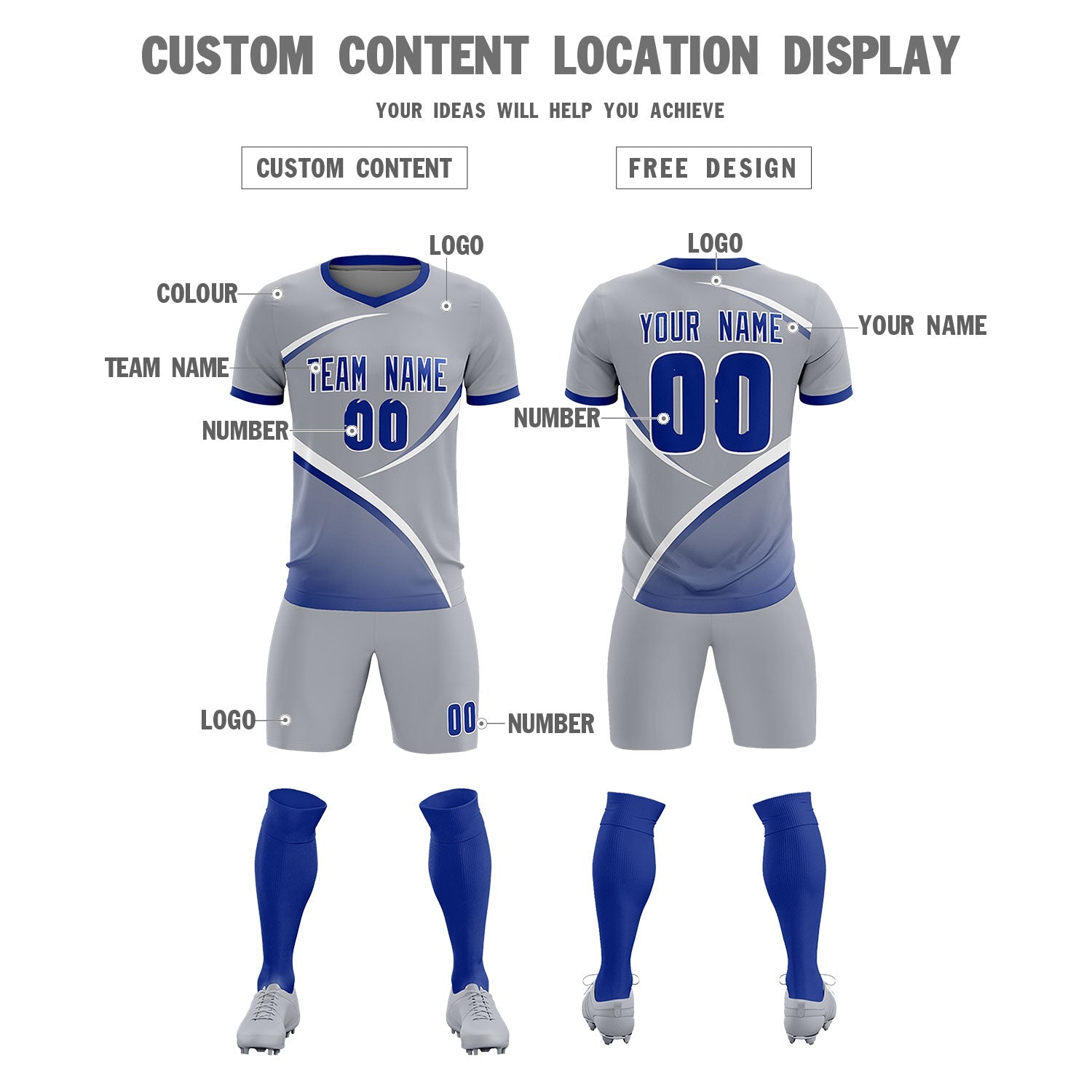 Custom Gray Royal Color Block Training Uniform For Men Soccer Sets Jersey